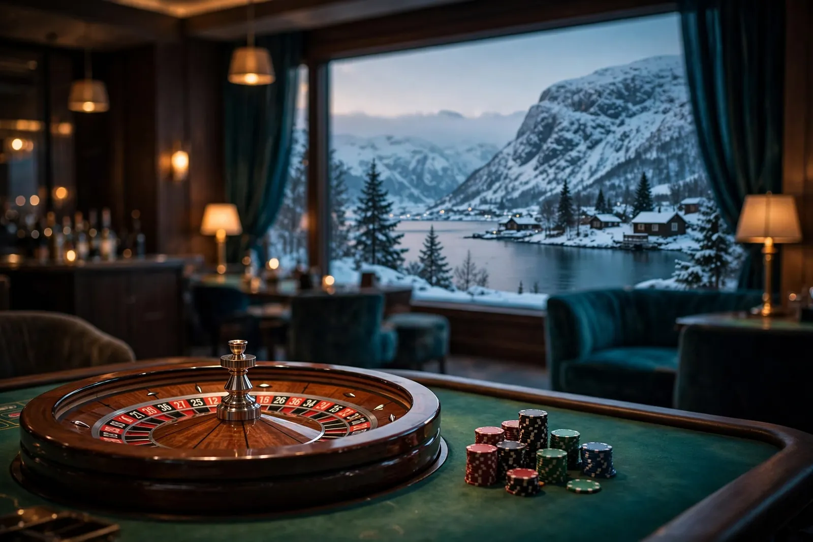 Klassisk casinointeriør med rulettbord og norsk fjord i bakgrunnen
