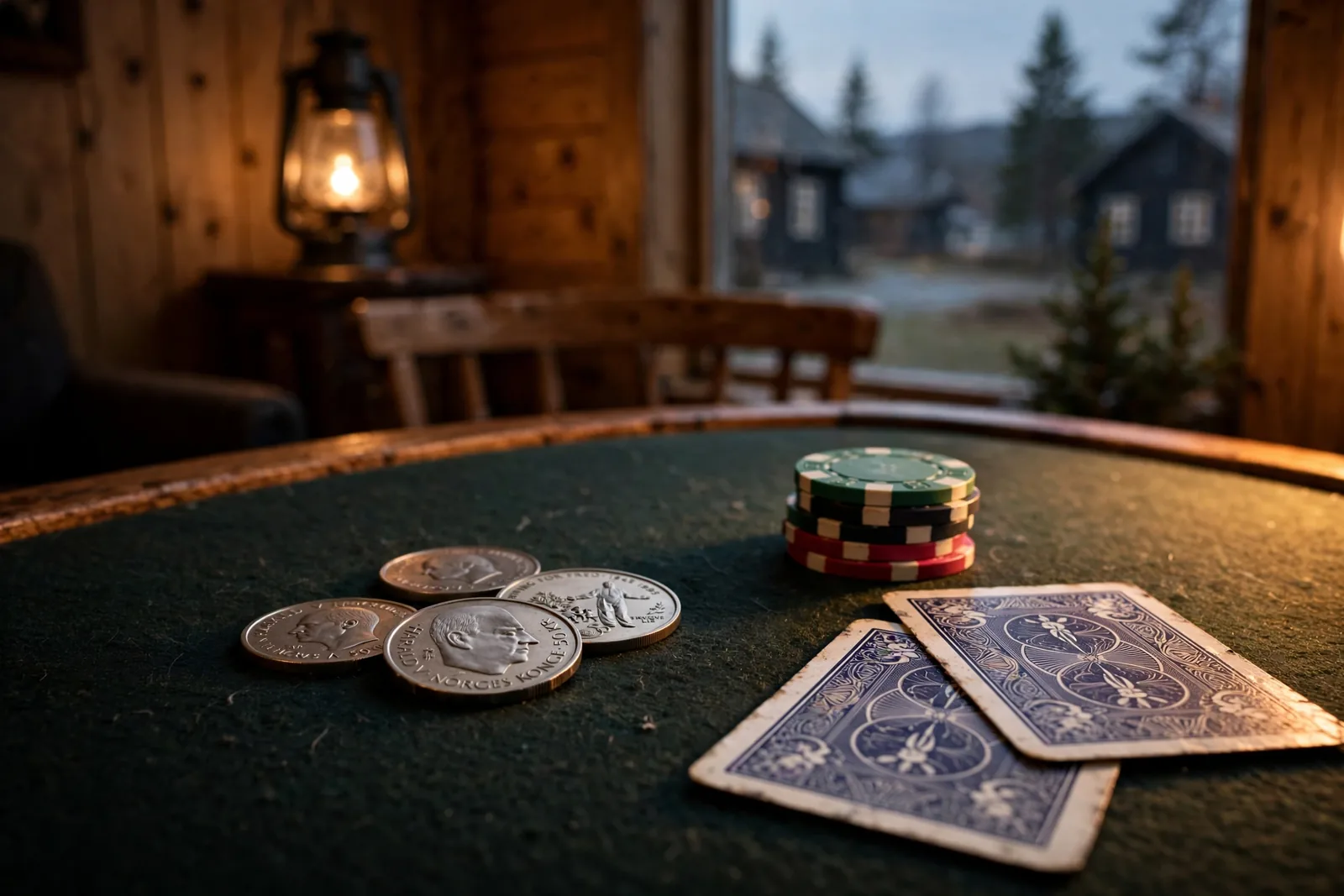Norske 50-kroners mynter og casinobrikker på filtbord