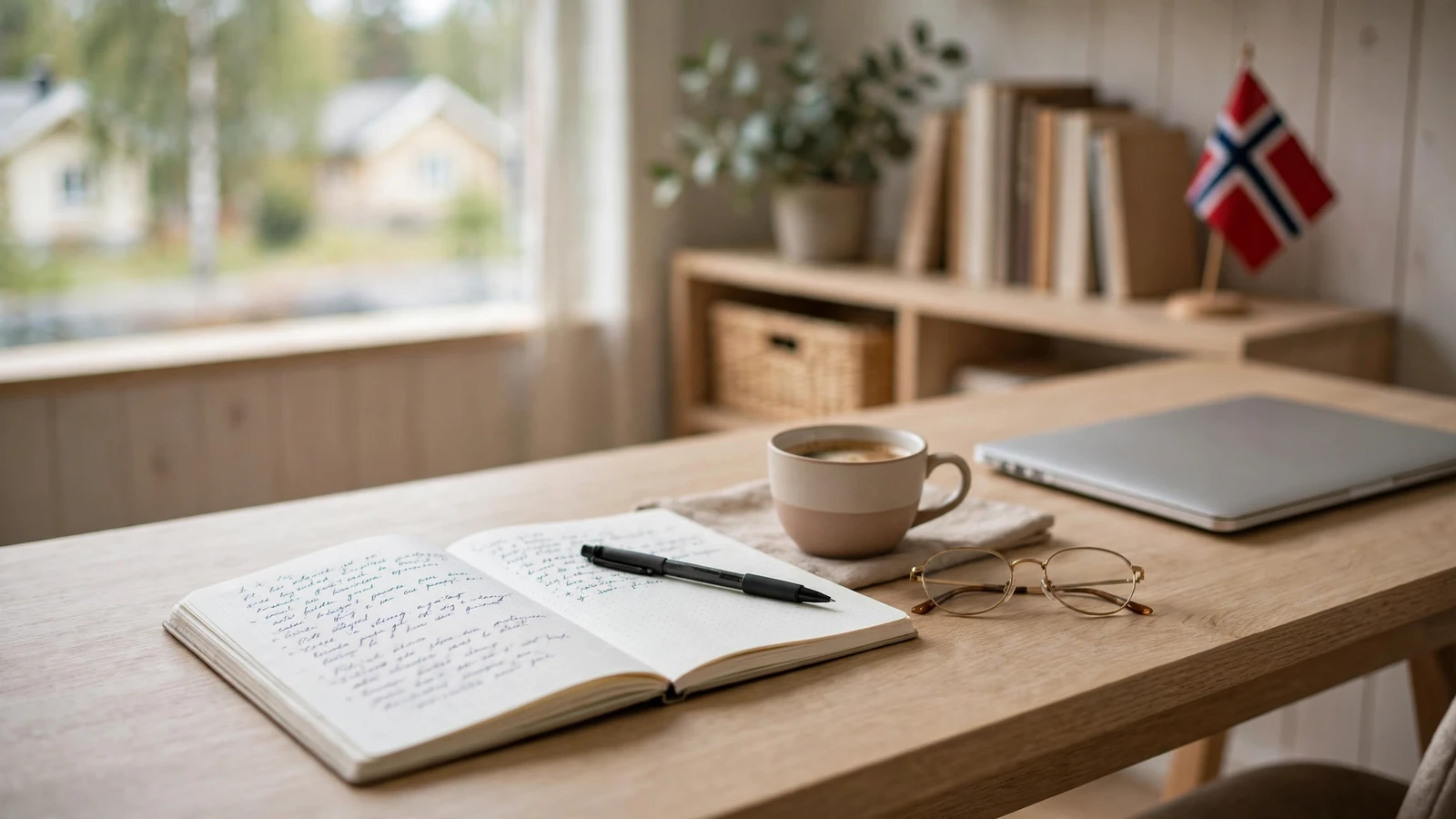 Skrivebord i en skandinavisk redaksjon med notatbok, kaffekopp og norsk flagg i bakgrunnen.