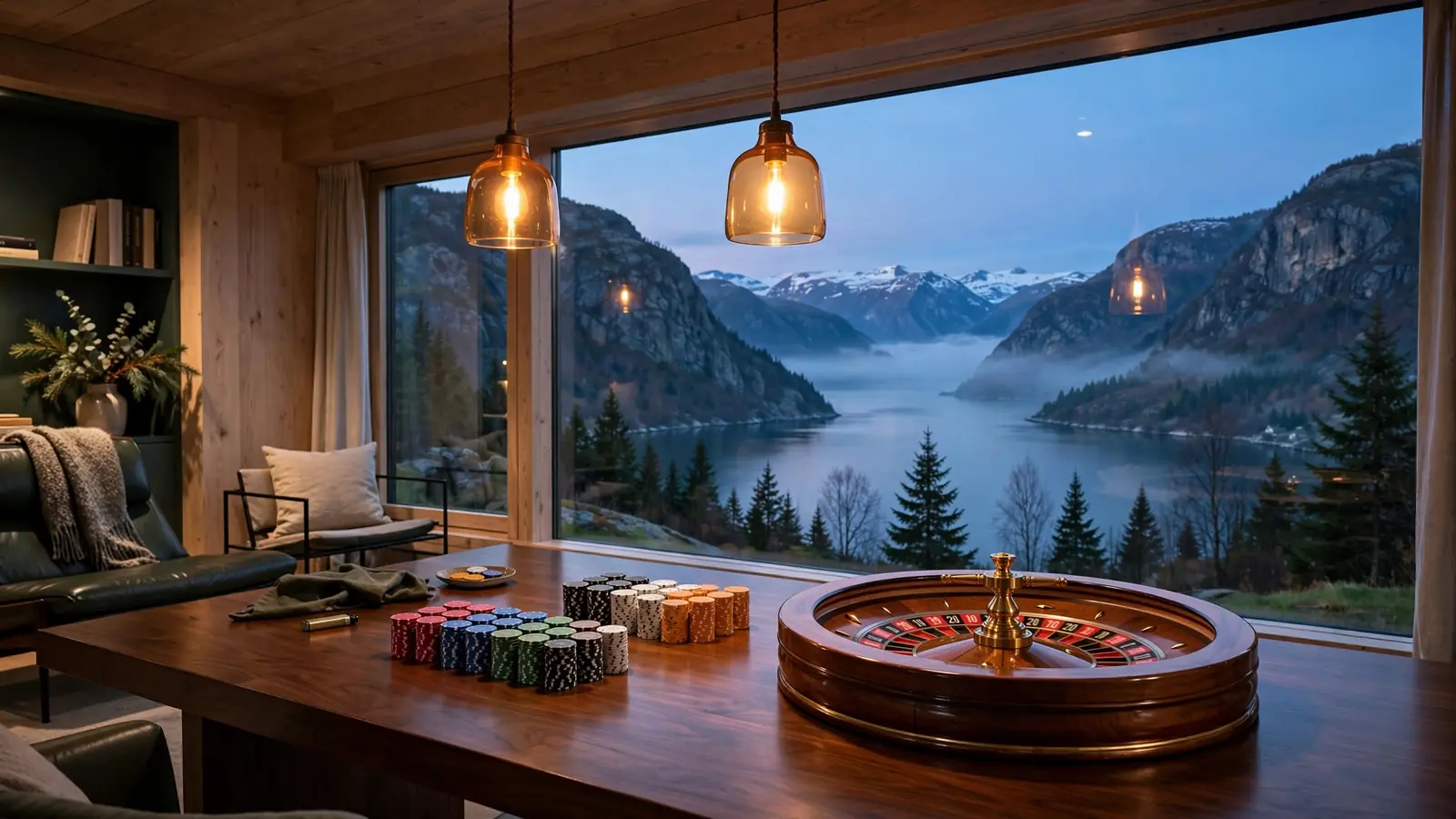 Elegant norsk lounge med rulett og jetonger ved fjordvindu