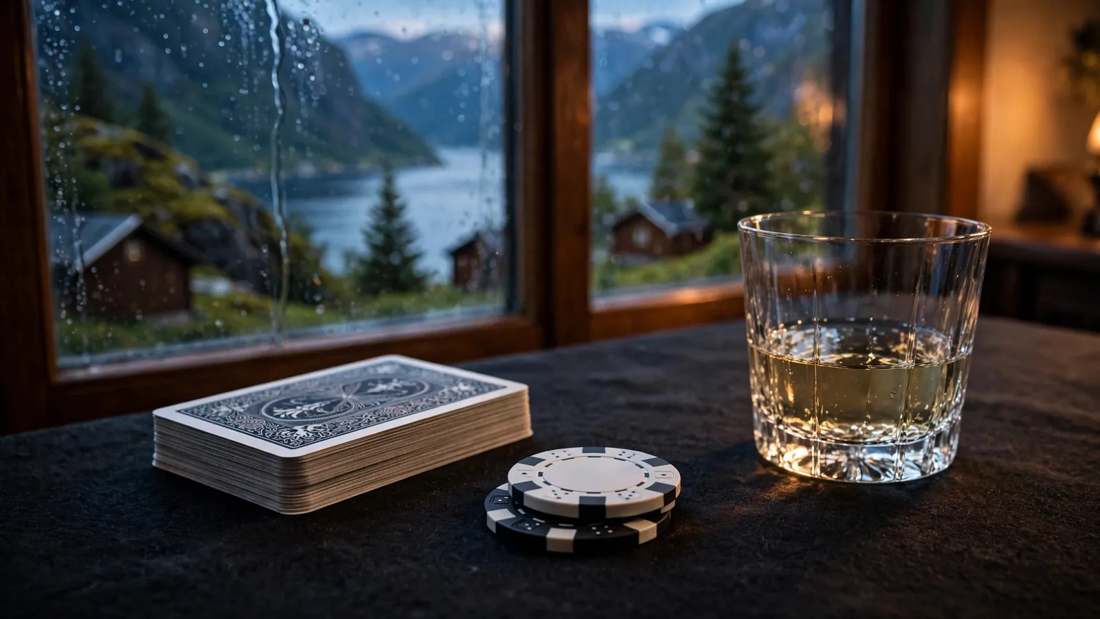 Blackjekk-bord med kort, jetonger og et glass akevitt med norsk fjord i bakgrunnen