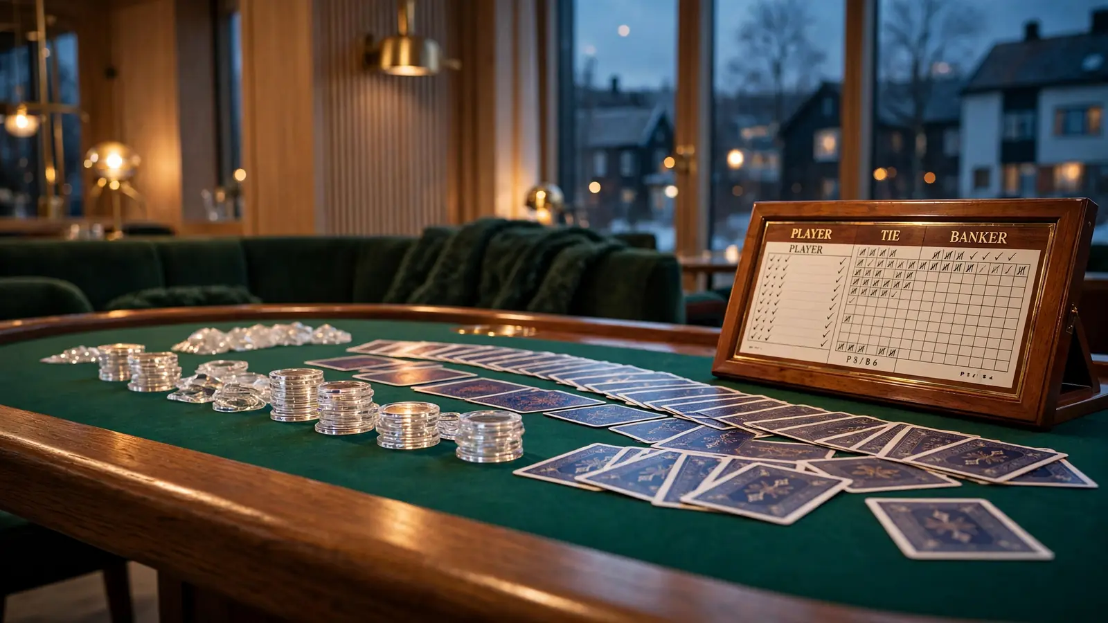 Elegant baccarat-bord på et luksuriøst casino med sjetonger og kort