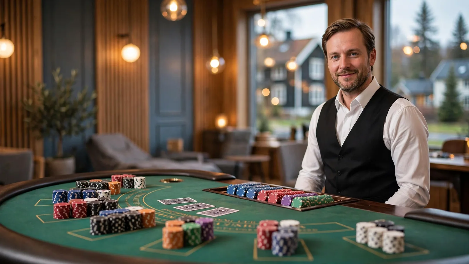 En profesjonell dealer bak et blackjack-bord i et live casino-studio