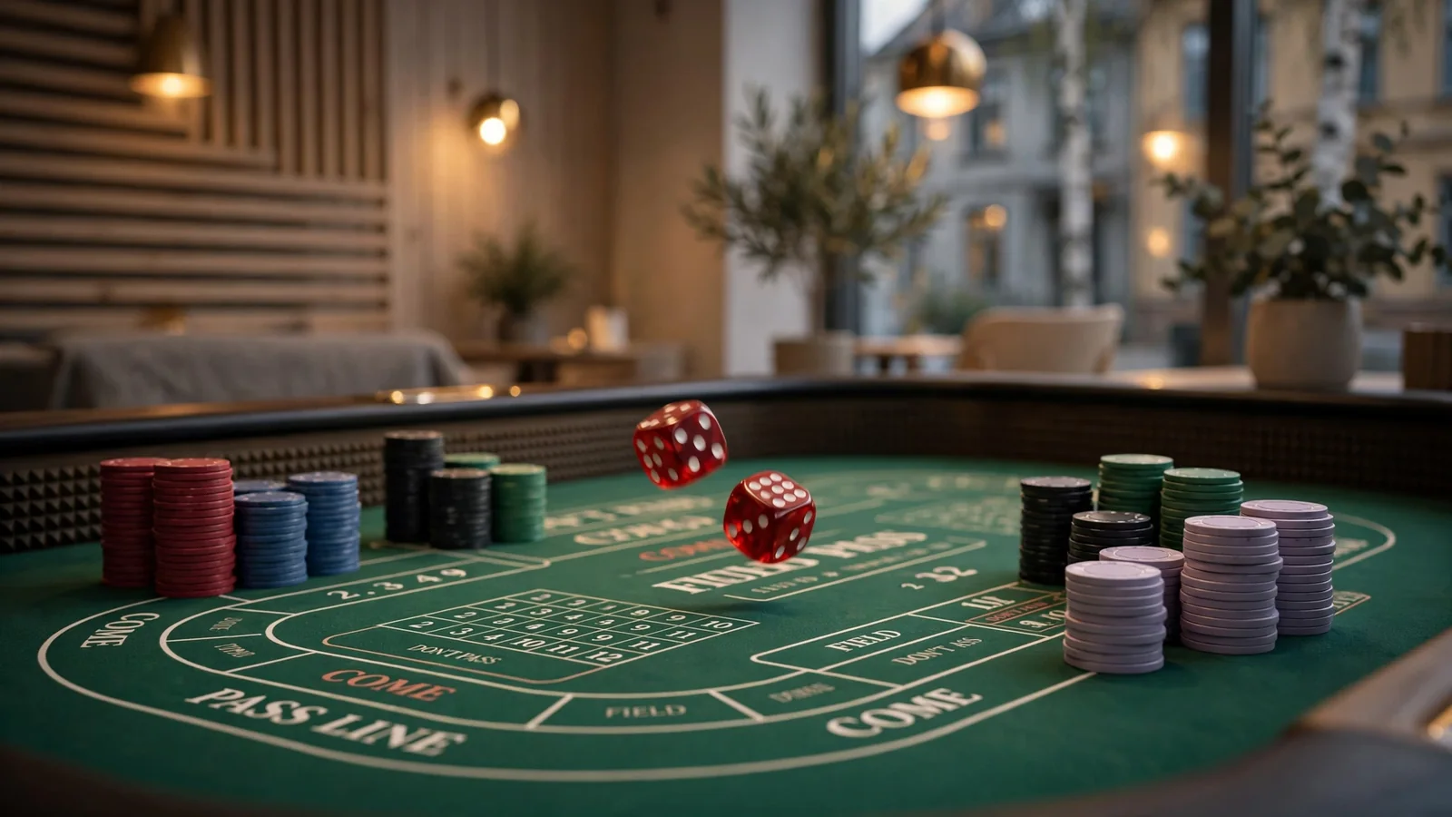 Craps-bord med fargede jetonger og terninger i elegant nordisk casinoatmosfære