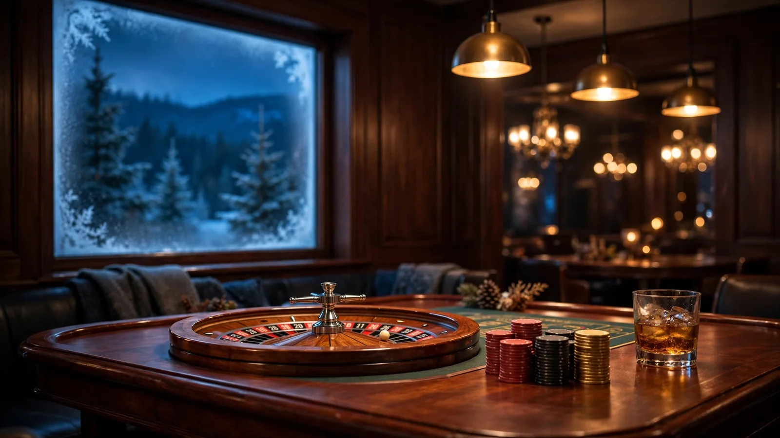Eksklusiv casinostue med jetonger og rulettbord i dempet norsk kveldslys