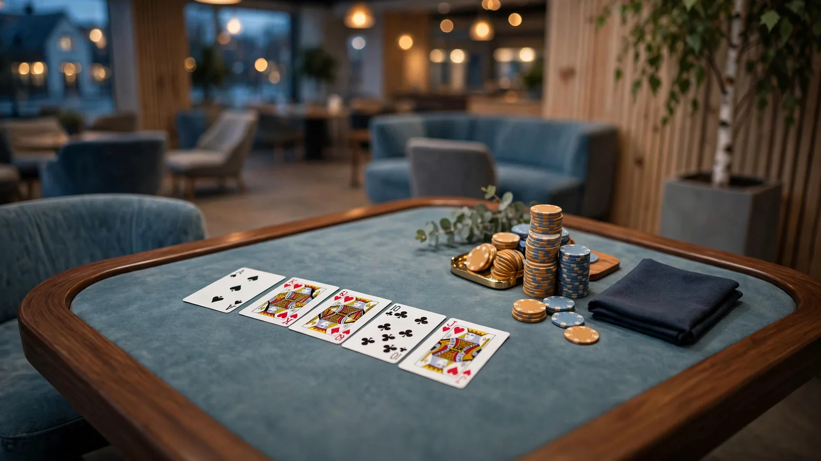 Bord med kortspill og jetonger i et elegant casino