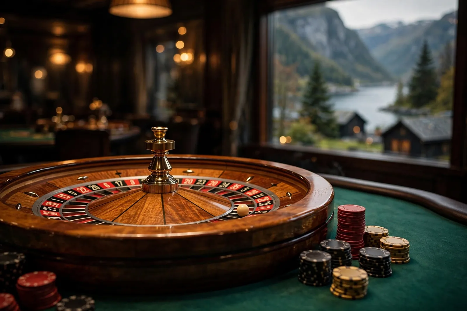 Roulettehjul og jetonger på et casinobord i mørk atmosfære