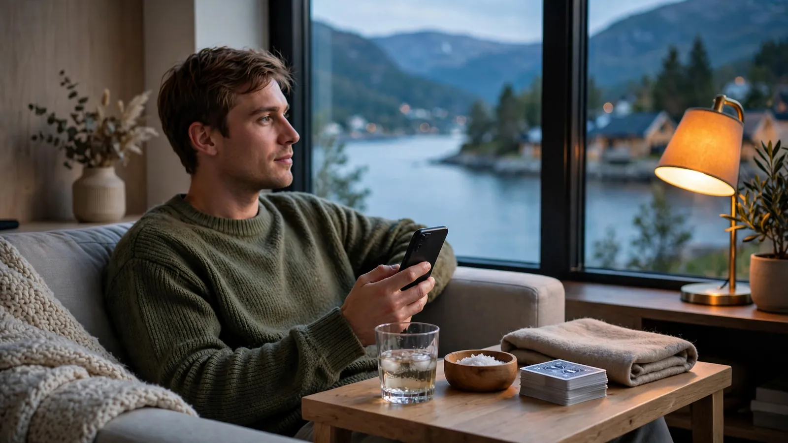 Mann på sofa med telefon og kortstokk i norsk stue