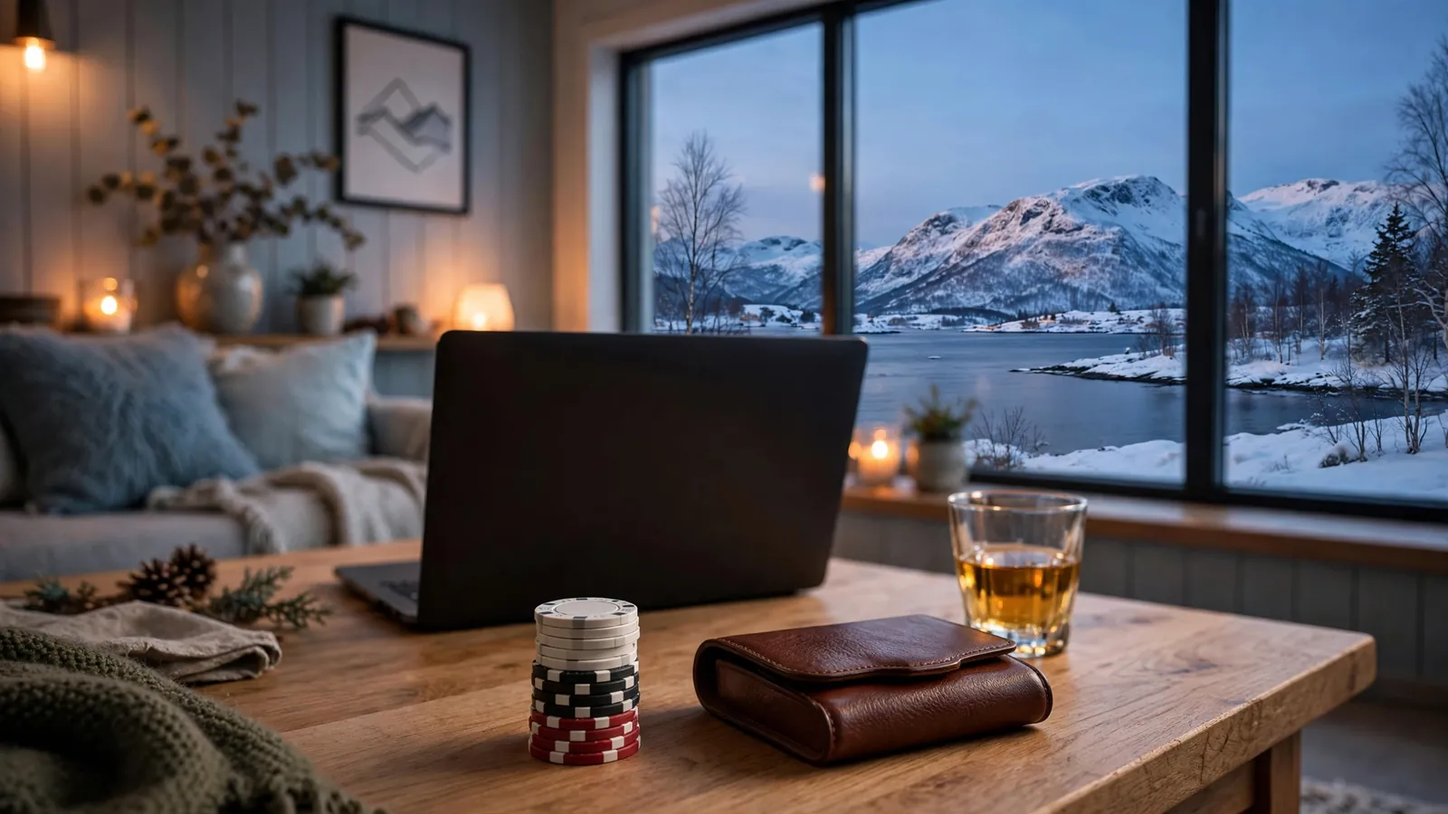 Norsk stue med pokerjetonger og kort ved en fjordutsikt