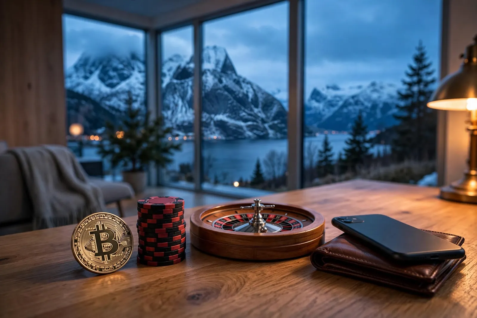 Bitcoin-mynt, casinojetonger og rulett på et norsk bord