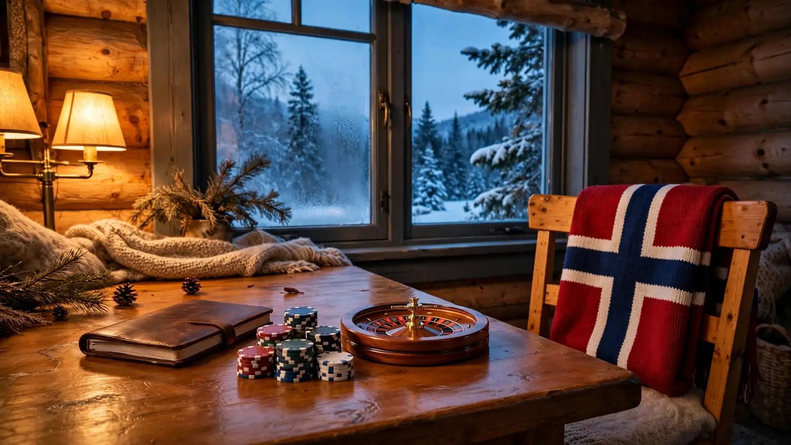 Norsk fjellhytte med kasinobrikker og rulett på bordet ved skumring
