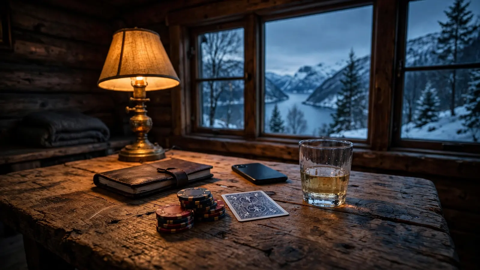 Norsk hytteinteriør med casinobrikker og kort ved innsjøen