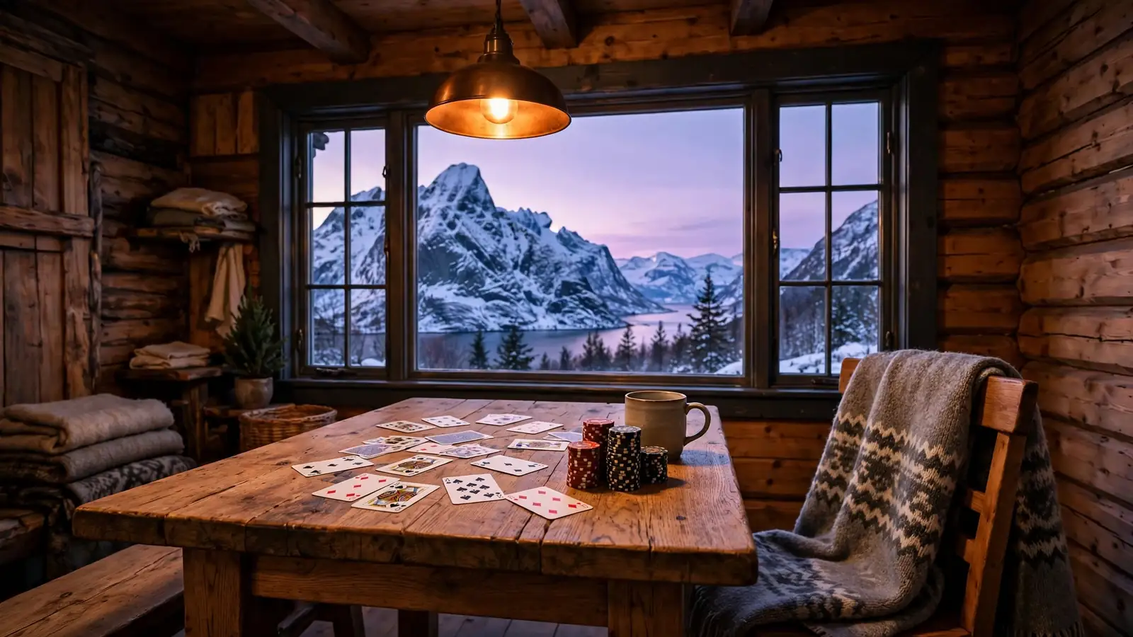 Koselig norsk hytte med spillkort og jetonger ved vinduet mot en snødekt fjord