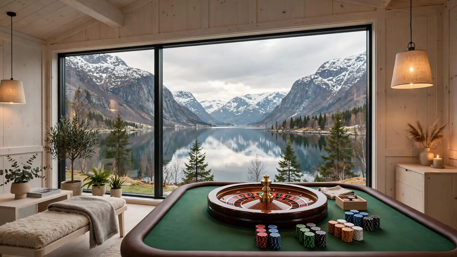 Elegant roulettebord i et nordisk rom med utsikt over en norsk fjord