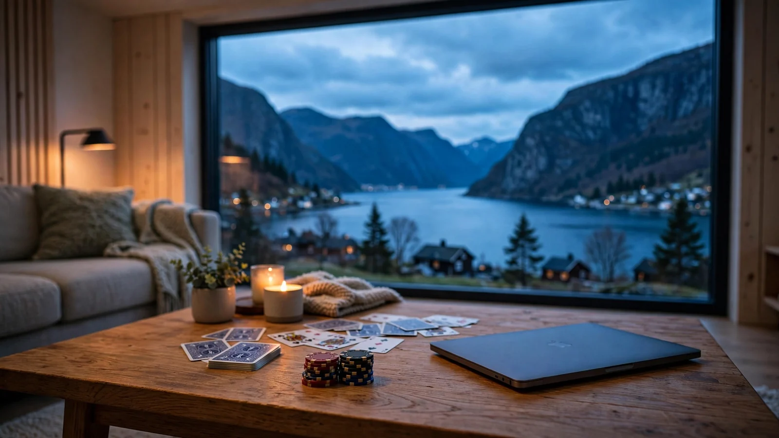 Moderne stue med utsikt over norsk fjord, spillekort og casinobrikker på bordet