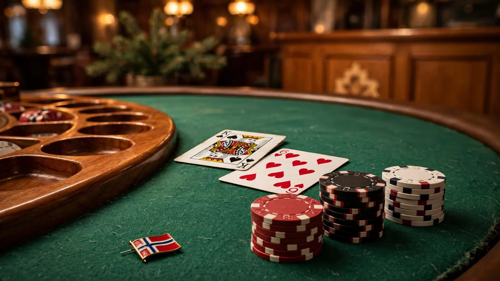 Blackjack-bord med kort og jetonger i et elegant casino