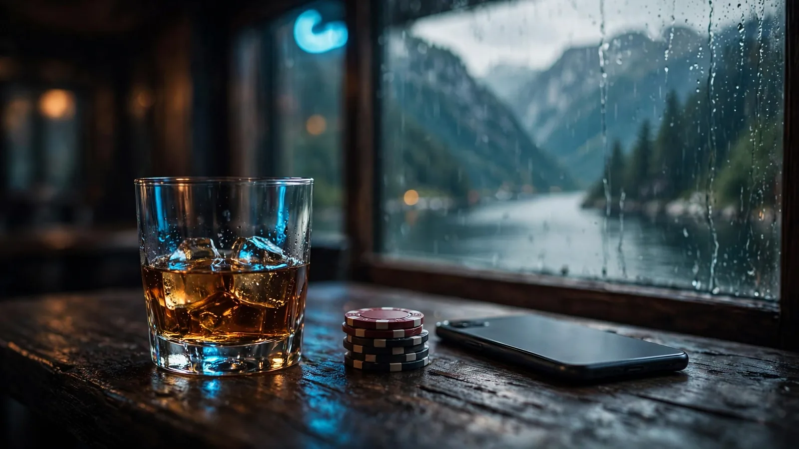 Pokerchips og telefon på mørk bardisk med norsk fjord i bakgrunnen