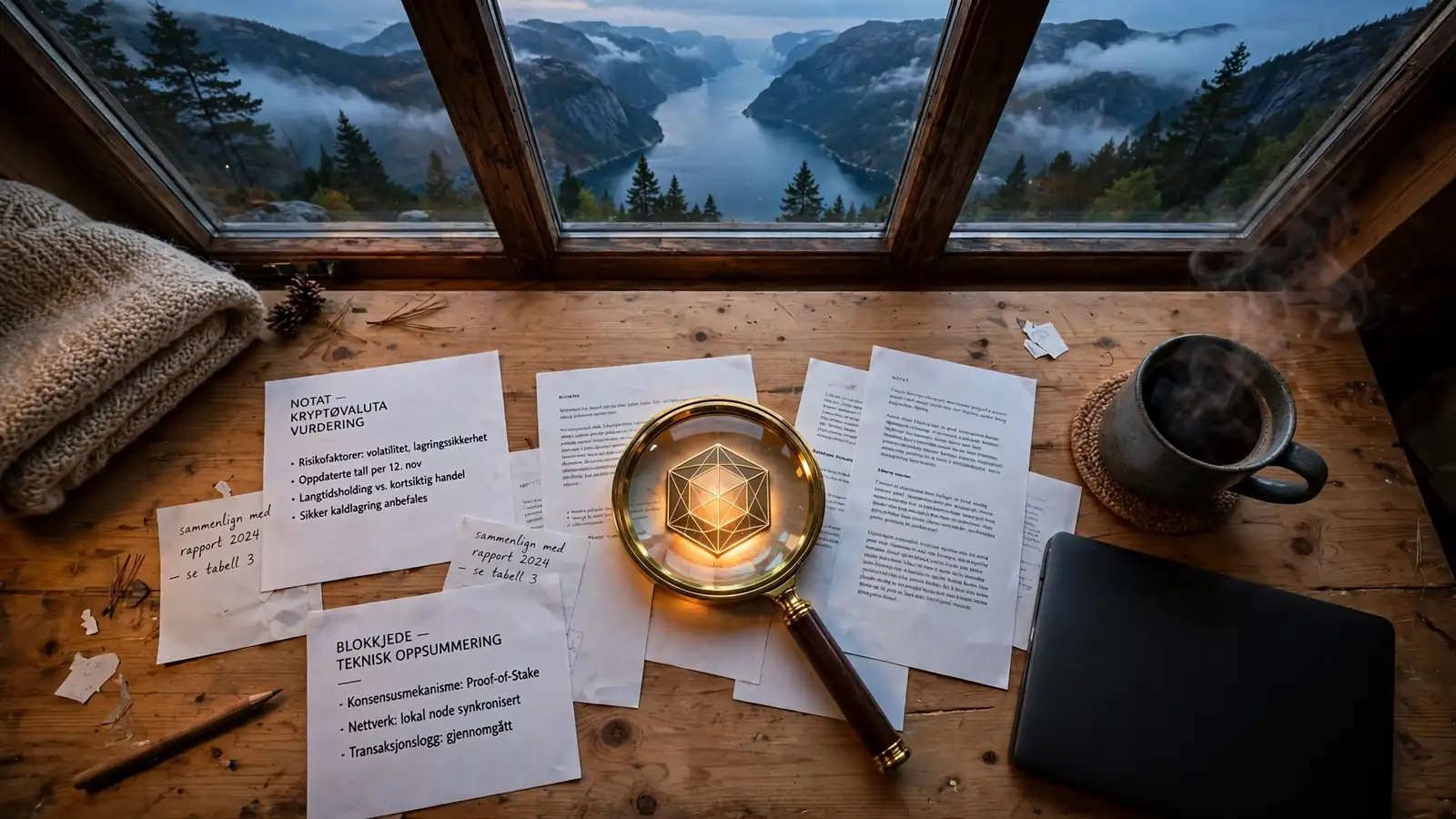 Skrivebord med forstørrelsesglass over kryptomynt, dokumenter og kaffekopp, norsk fjord i vinduet