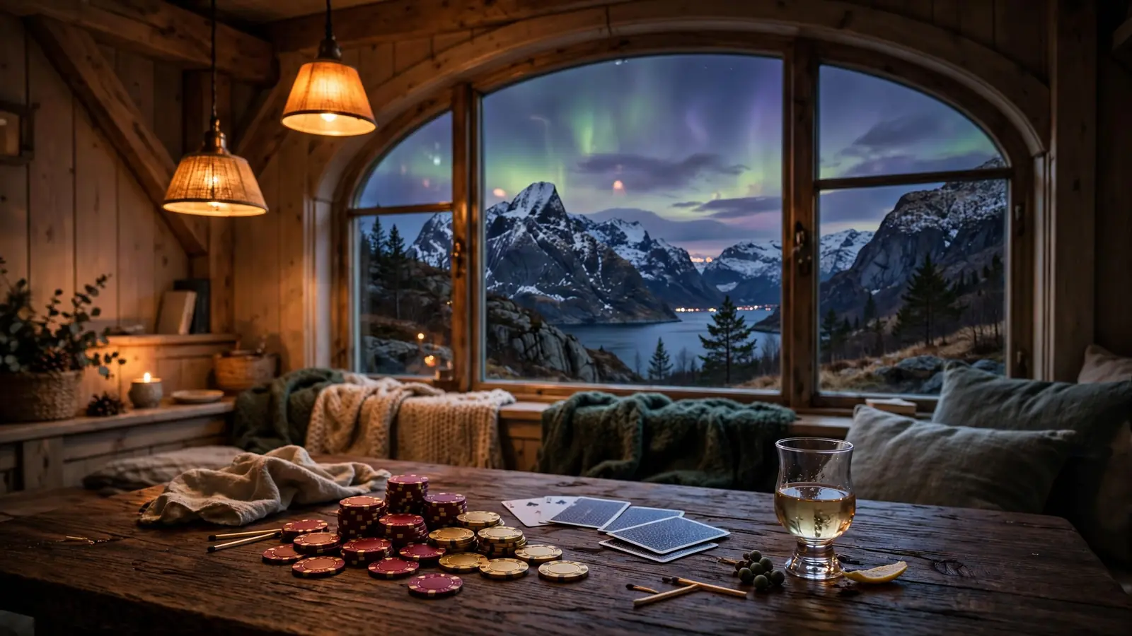 Norsk lounge med spillekort og casinobrikker ved et fjordvindu i skumringen