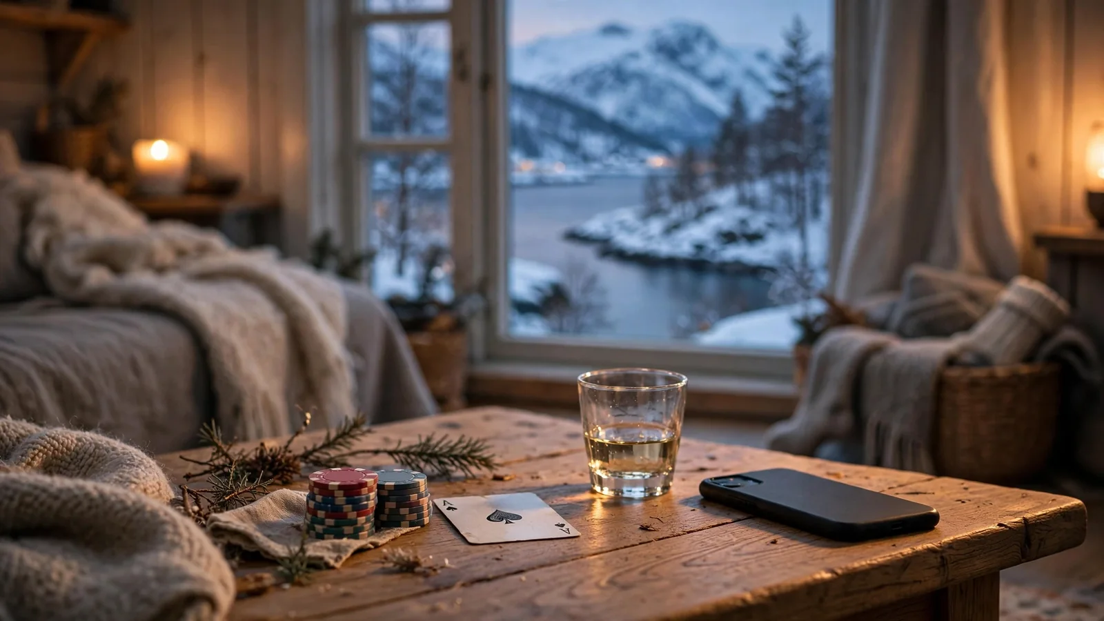 Norsk stue med casinobrikker, kort og telefon med snødekt fjord i bakgrunnen