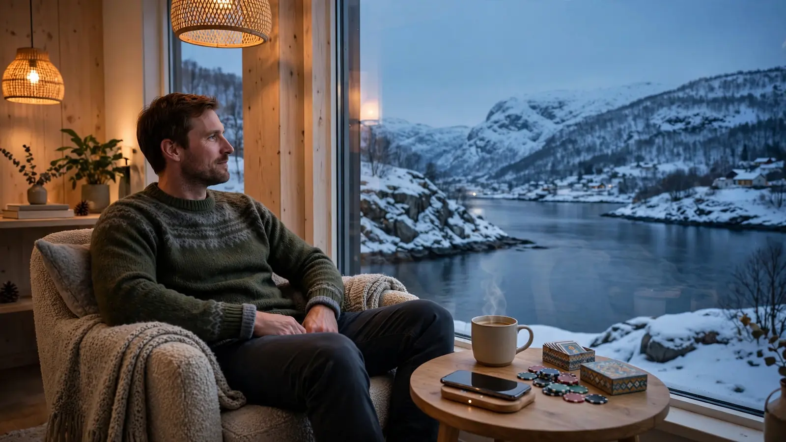 Mann i norsk stue ved fjordvindu med kaffe, telefon og casinobrikker