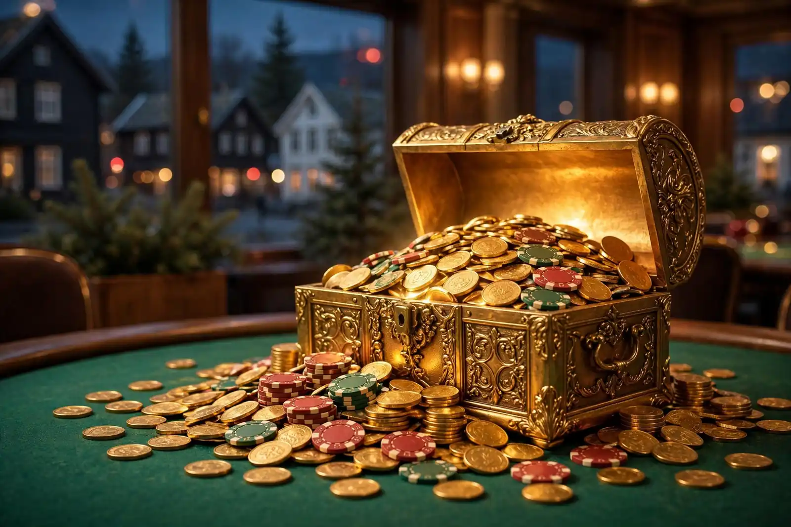Gyllen jackpot-premie med casinobrikker og mynter på grønt filtbord