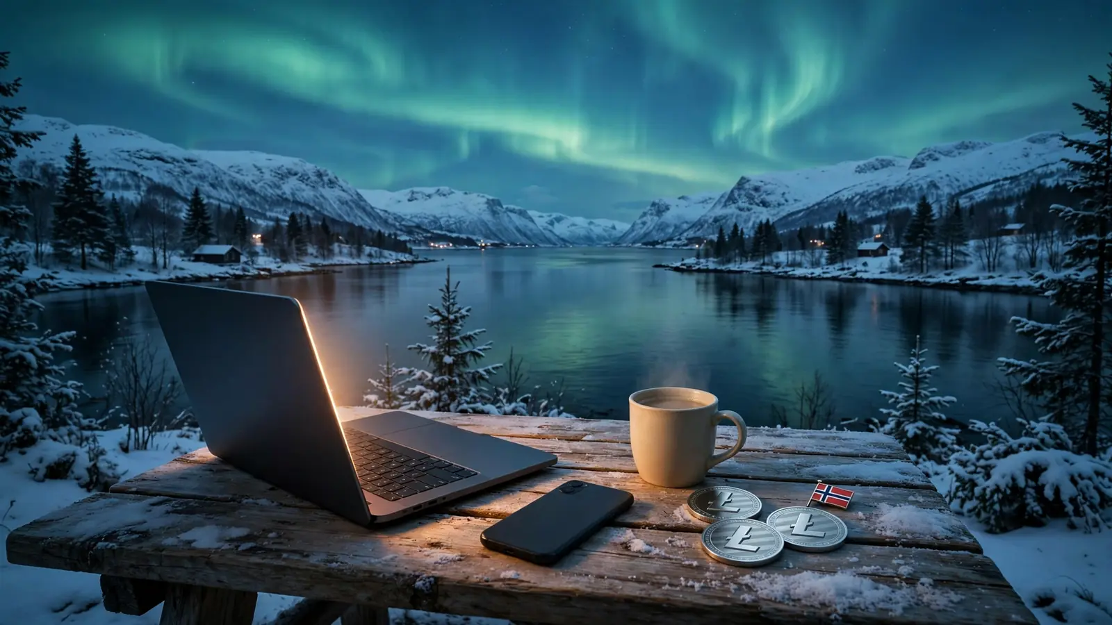 Litecoin-mynter og teknologi på et bord med norsk fjord i bakgrunnen