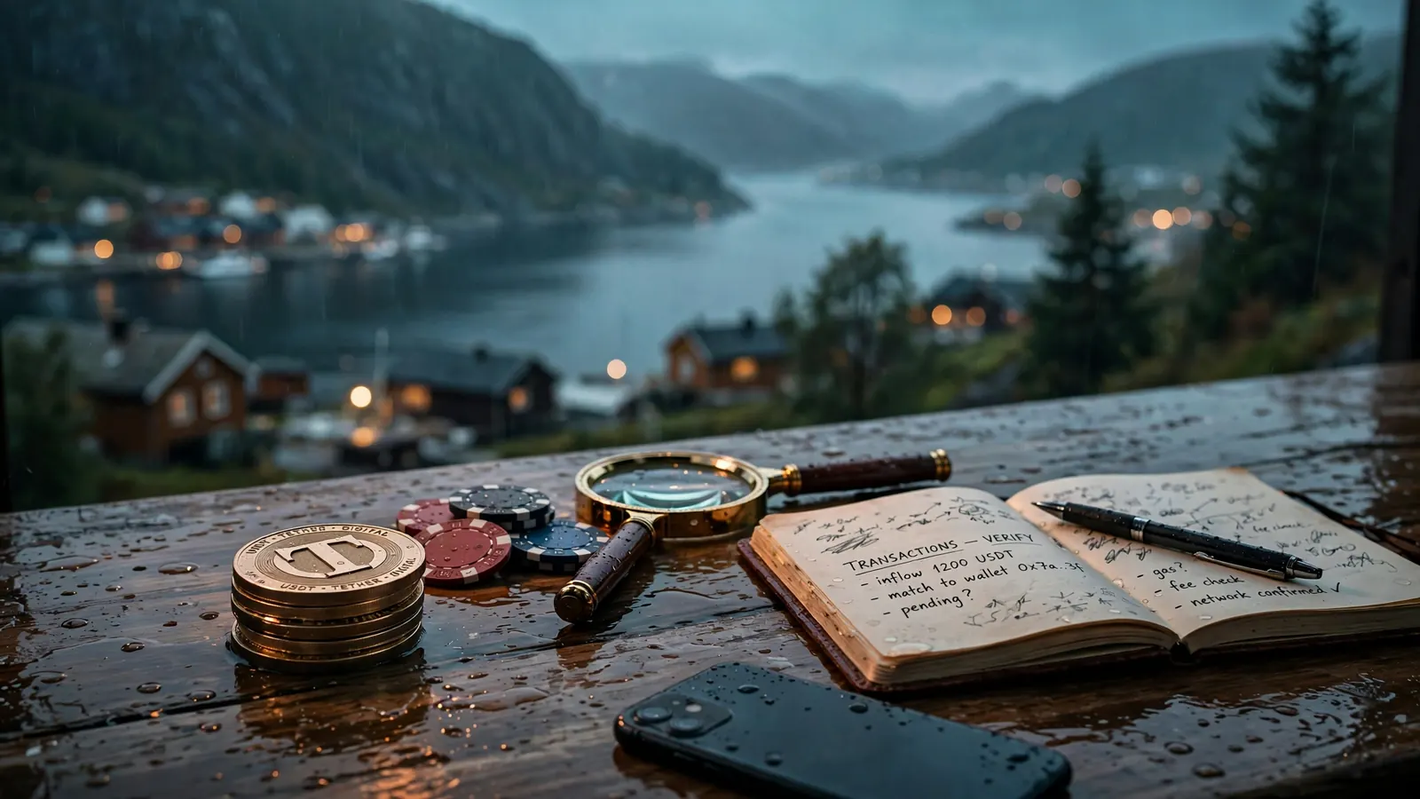 Tether-stablecoins og pokerchips på et skrivebord med utsikt over en norsk fjord