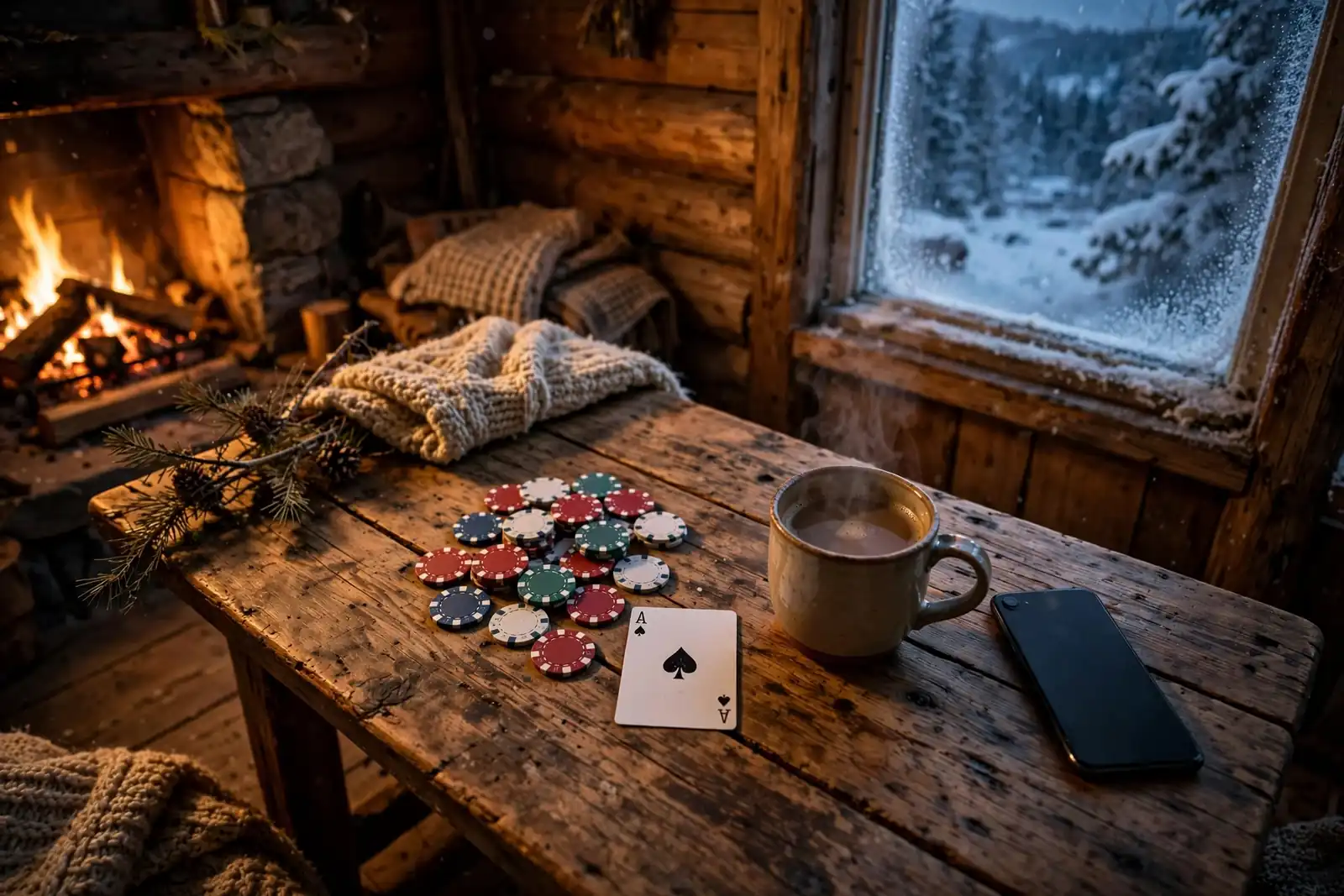 Varme norske fjellhyttscene med pokerjetonger og kaffekopp