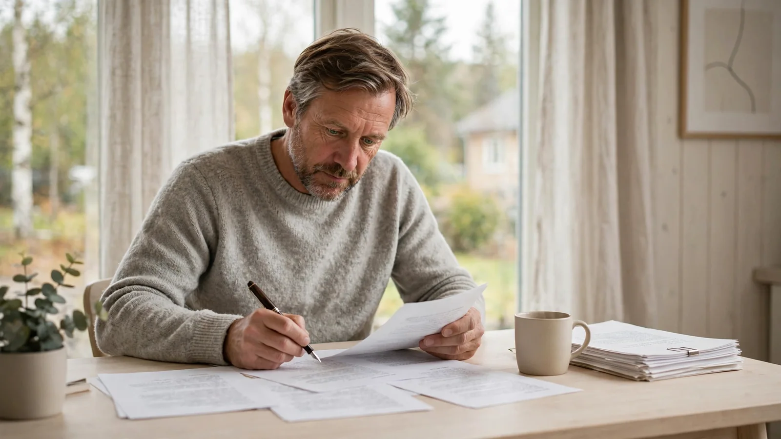 En nordisk mann gransker utskrevne sider ved et lyst tredeskrivebord i dagslys