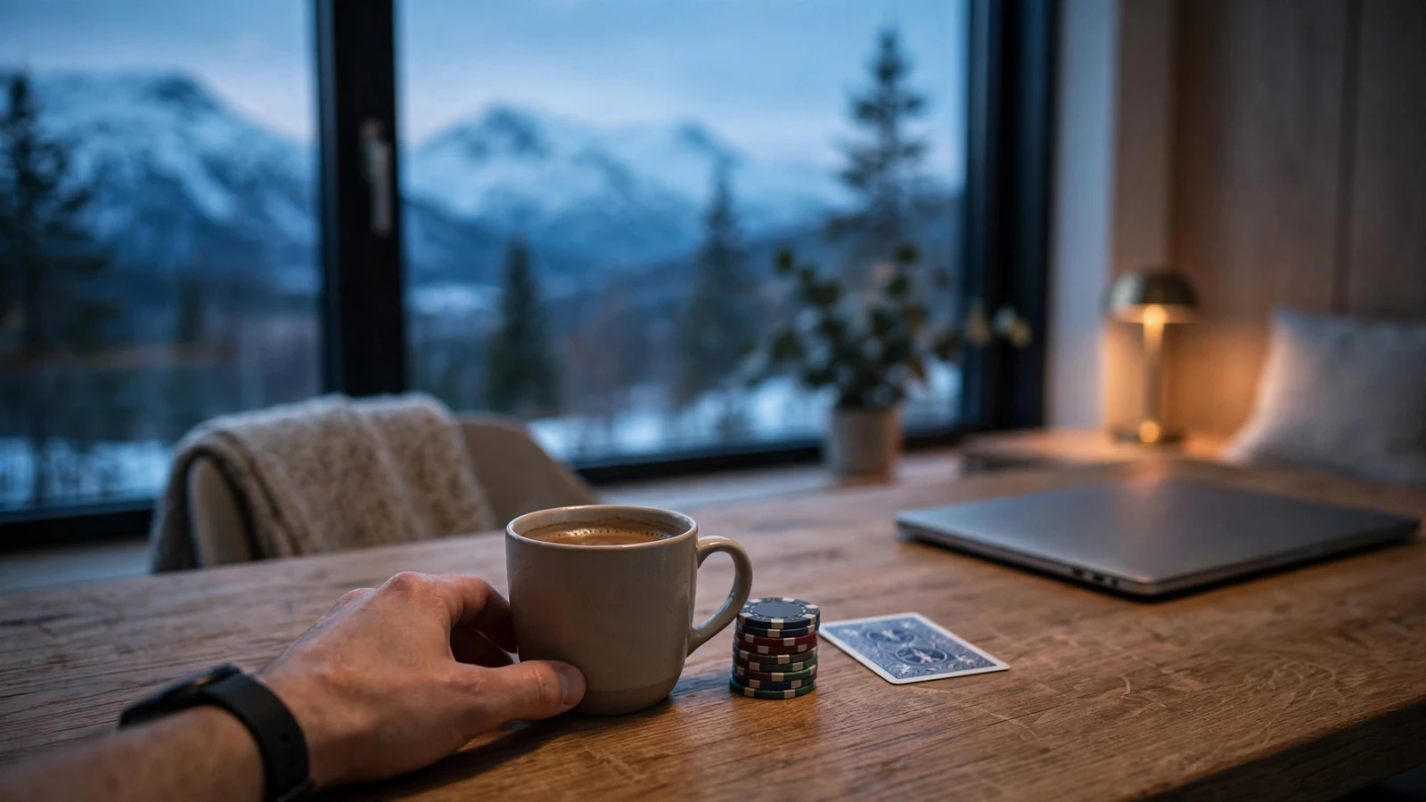 Rolig stue med kaffekopp, jetonger og en lukket bærbar datamaskin