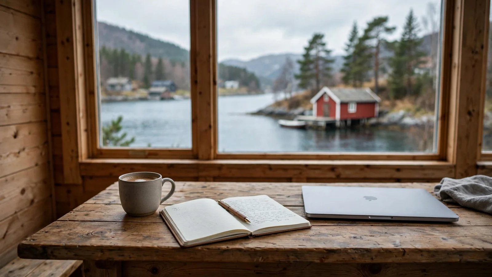 Skrivebord med notatbok og kaffe ved norsk fjord