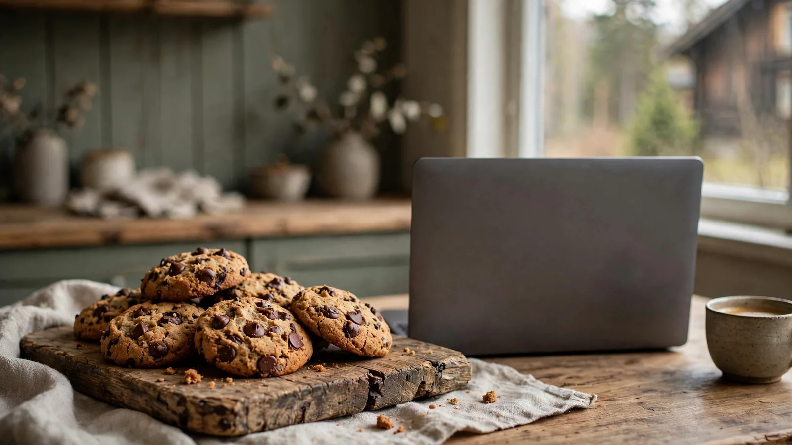Nystekte informasjonskapsler på et brett ved siden av en laptop.