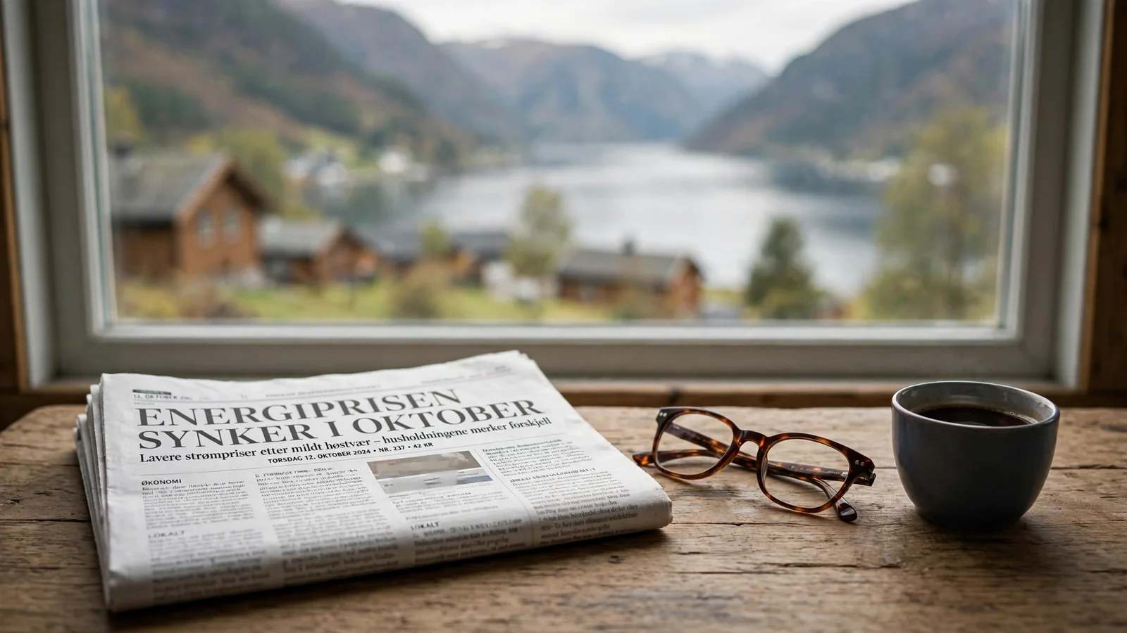 Brettet avis med lesebriller og kaffekopp ved et vindu mot en norsk fjord.