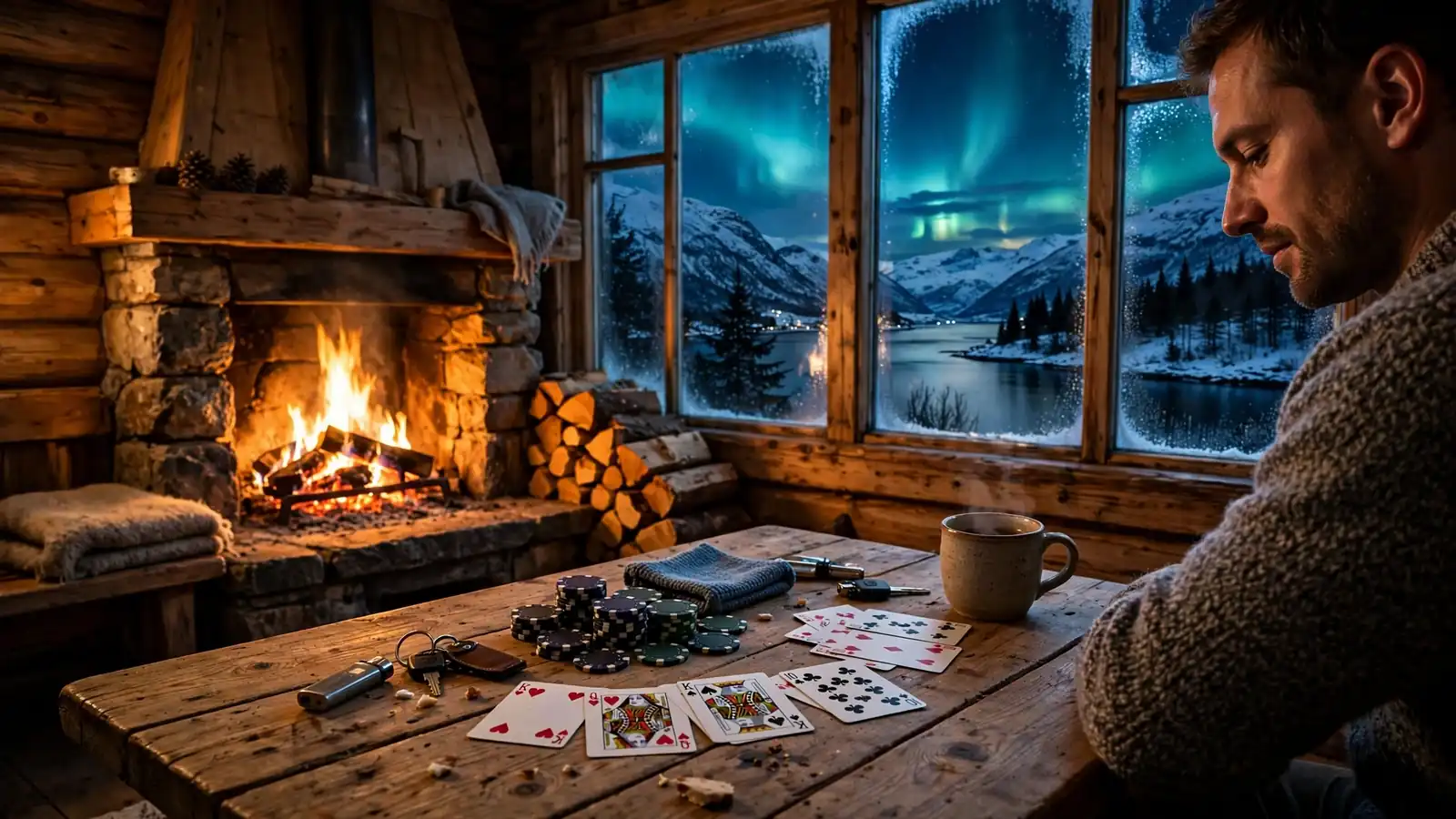Norsk hytte med blackjack-bord, peis og nordlys utenfor vinduet