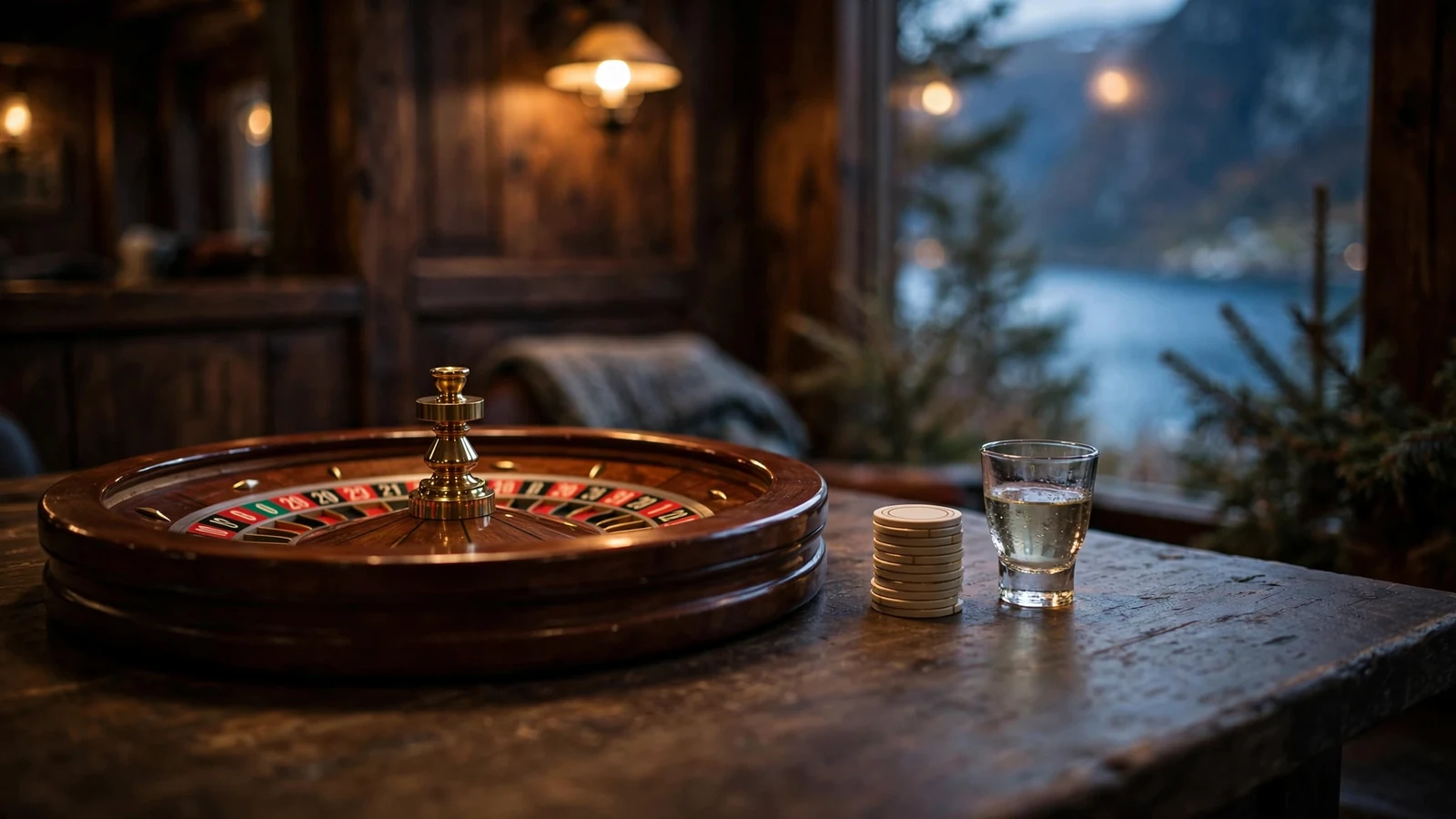 Rulettbord med hjul og jetonger i koselig norsk lounge