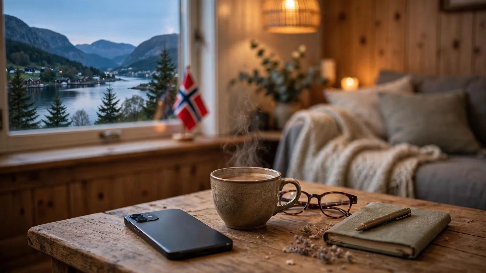 Hyggelig norsk stue med telefon på bordet og utsikt over fjord