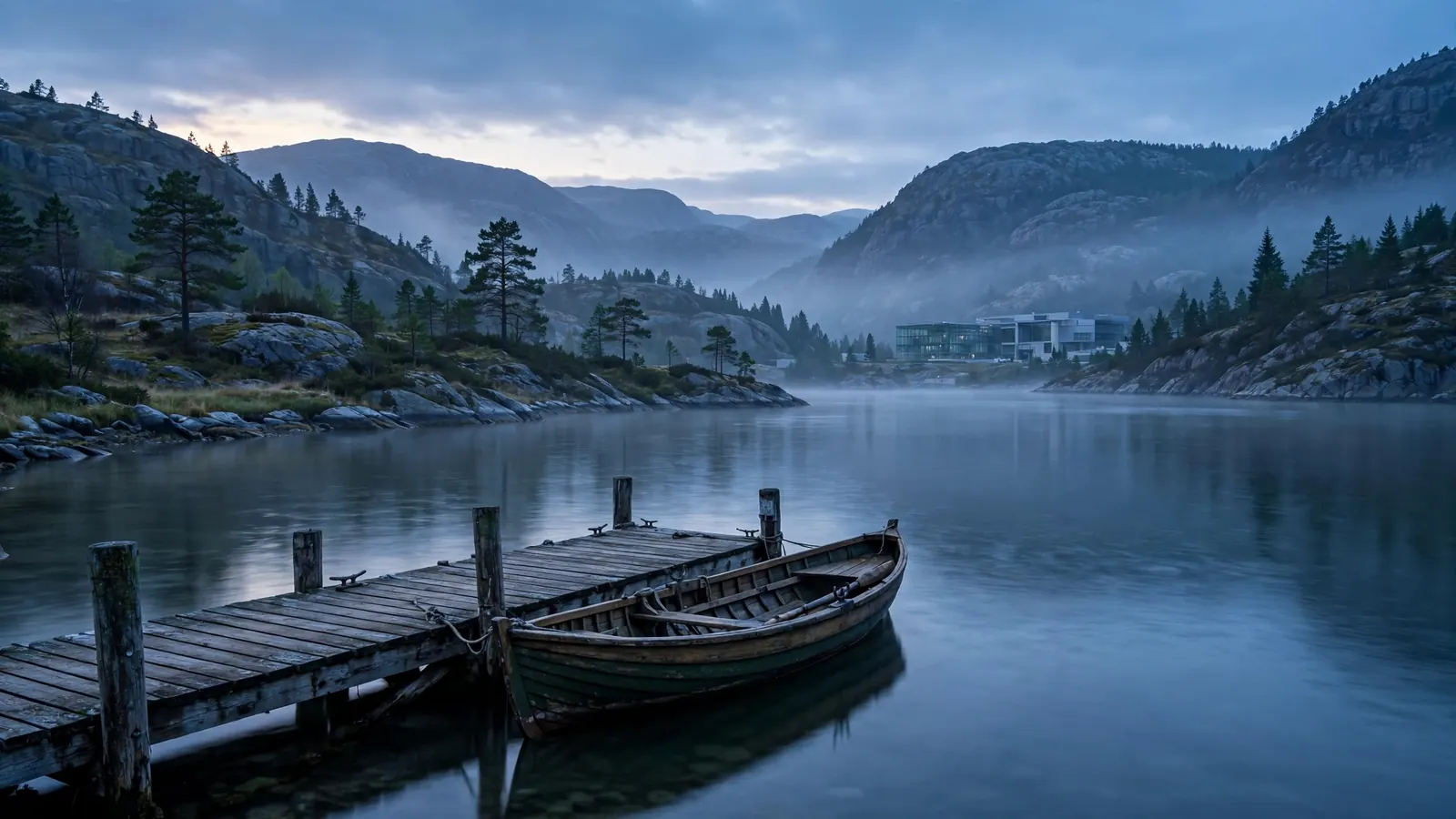 Norsk fjord med tåke og et tilsynsbygg ved vannet