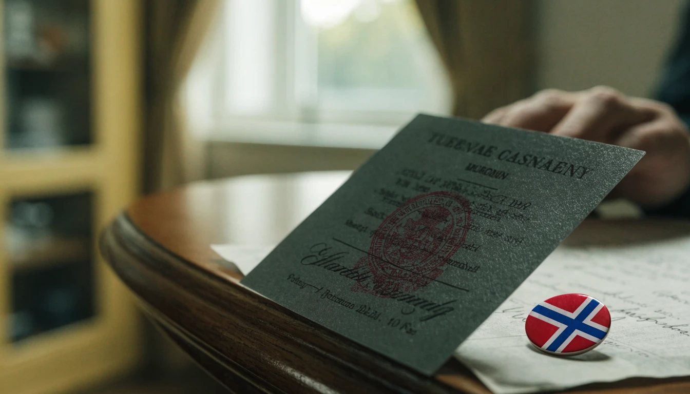 Pass med utenlandsk stempel og norsk flagg på skrivebord