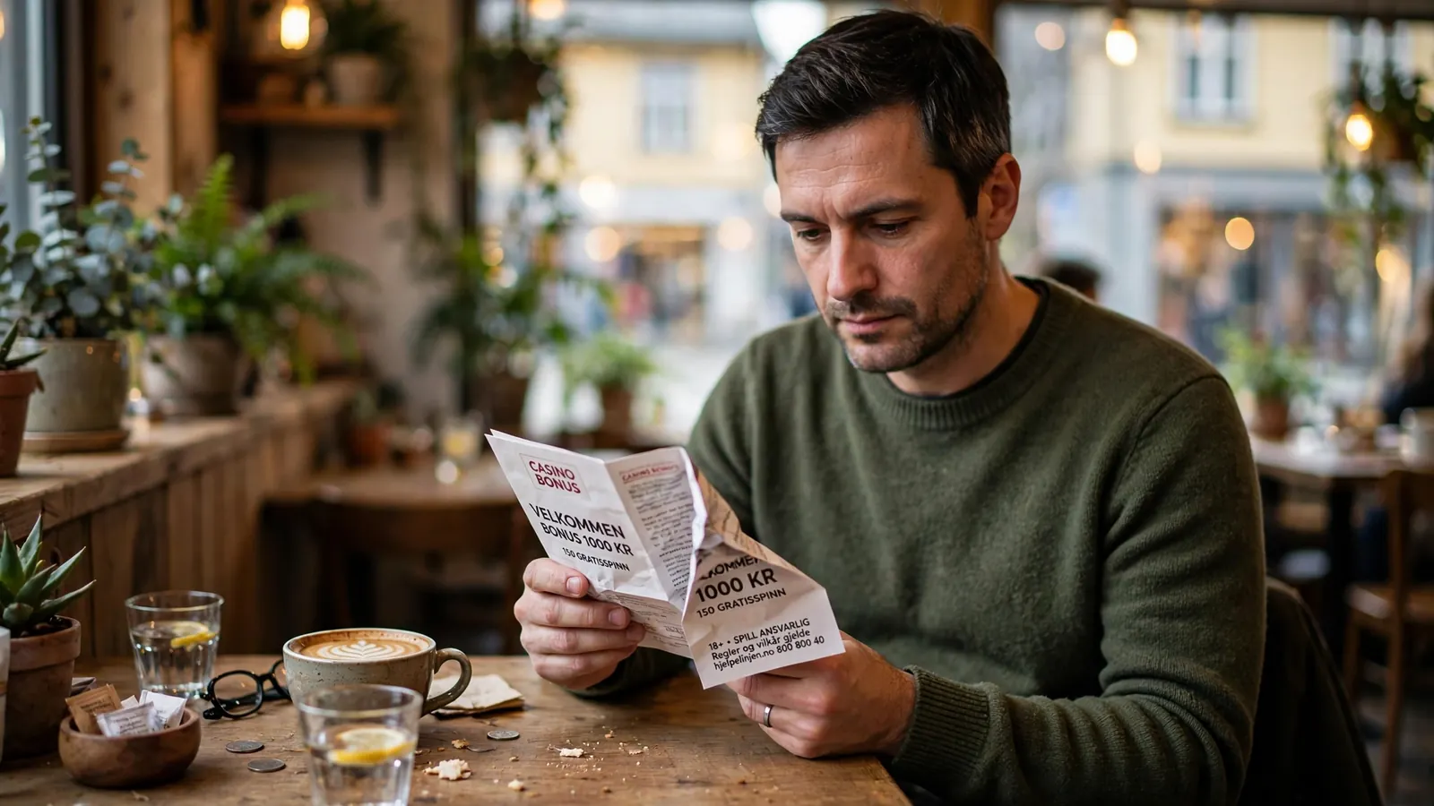 Person som leser en reklamefolder på kafé i Norge