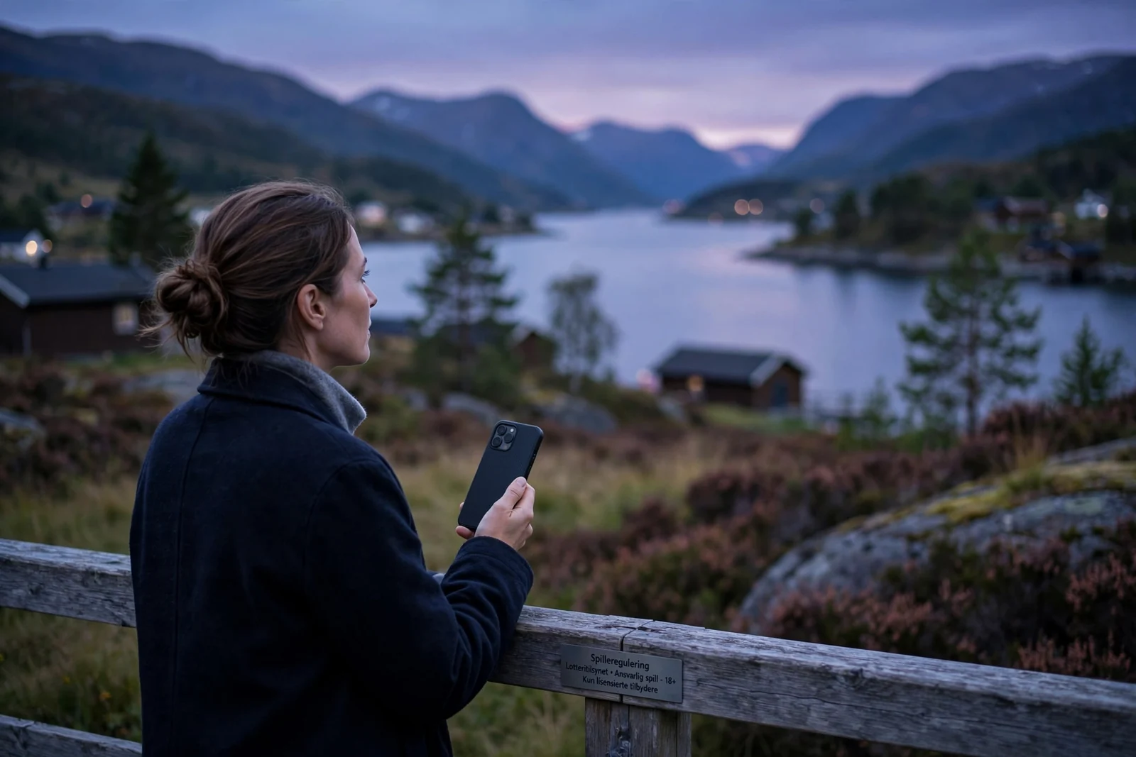 Person ved norsk fjord holder telefon med skjermen vendt bort