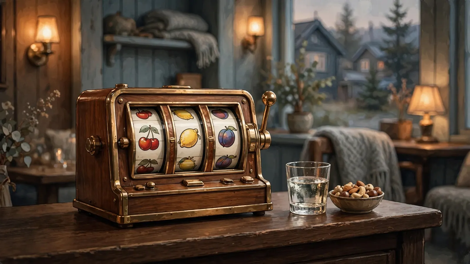 Vintage tre-hjuls spilleautomat i en koselig norsk stue