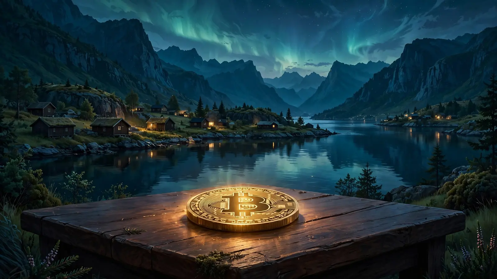 Gullmynt med Bitcoin-logo på et bord foran en norsk fjord ved nordlys