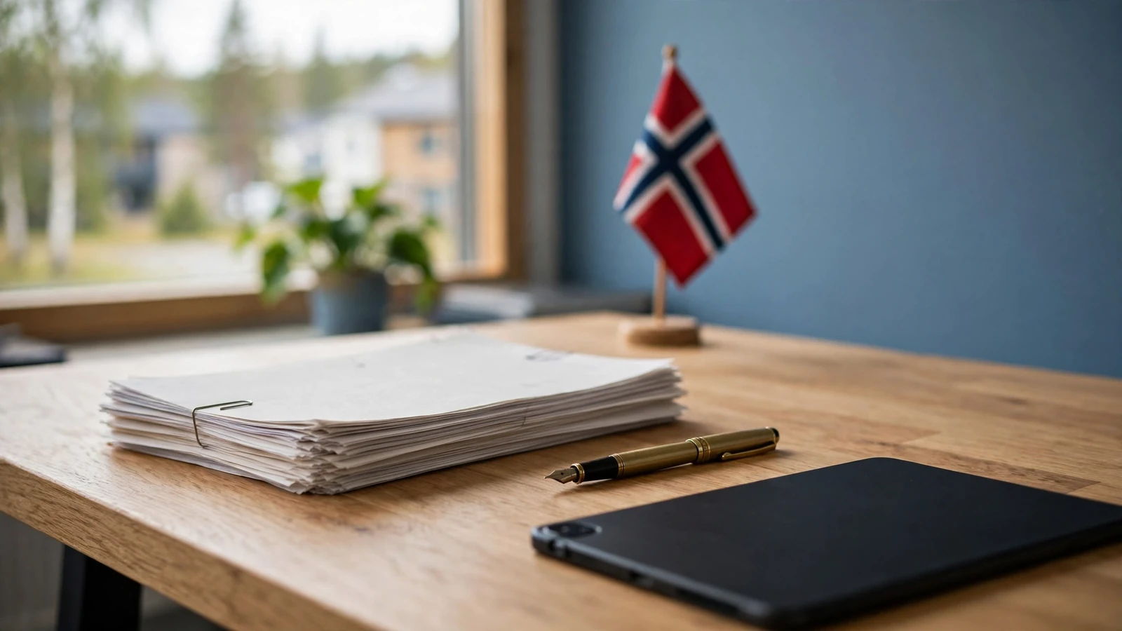 Skrivebord med juridiske dokumenter og norsk flagg