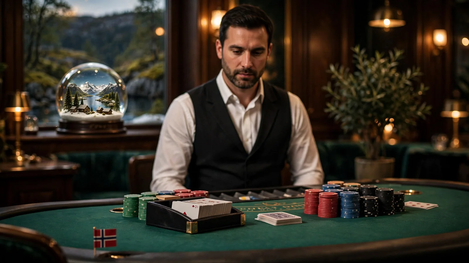 Elegant live blackjack-bord med kort, jetonger og dealer i norsk casinostudio