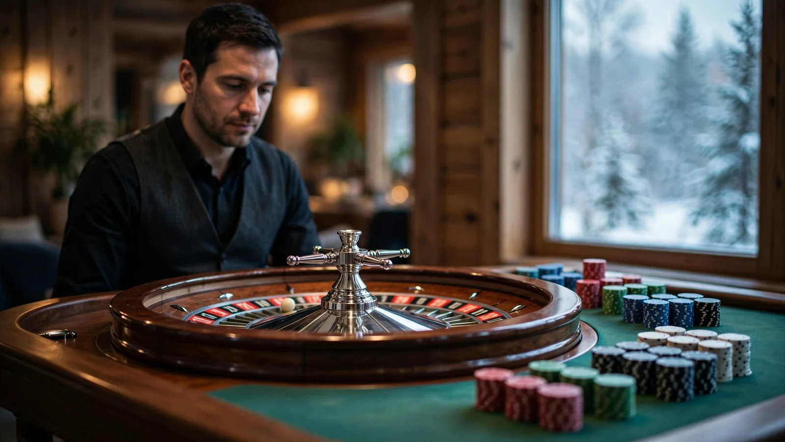 Live roulette-studio med ekte dealer, roulettehjul og jetonger på bordet