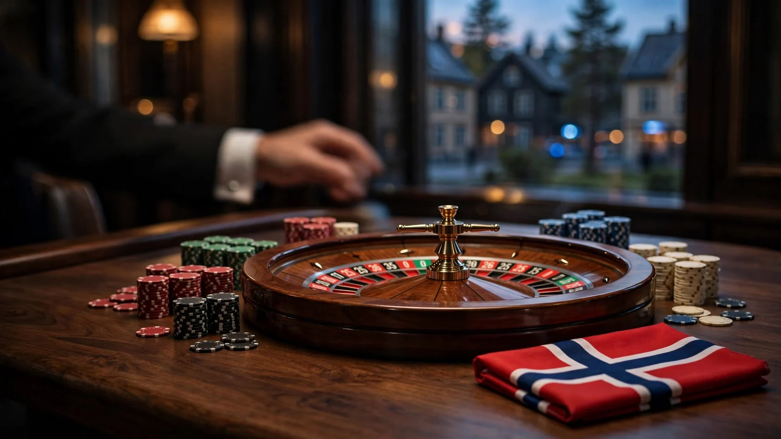 Elegant live roulette-bord med hjul og jetonger i norsk studio