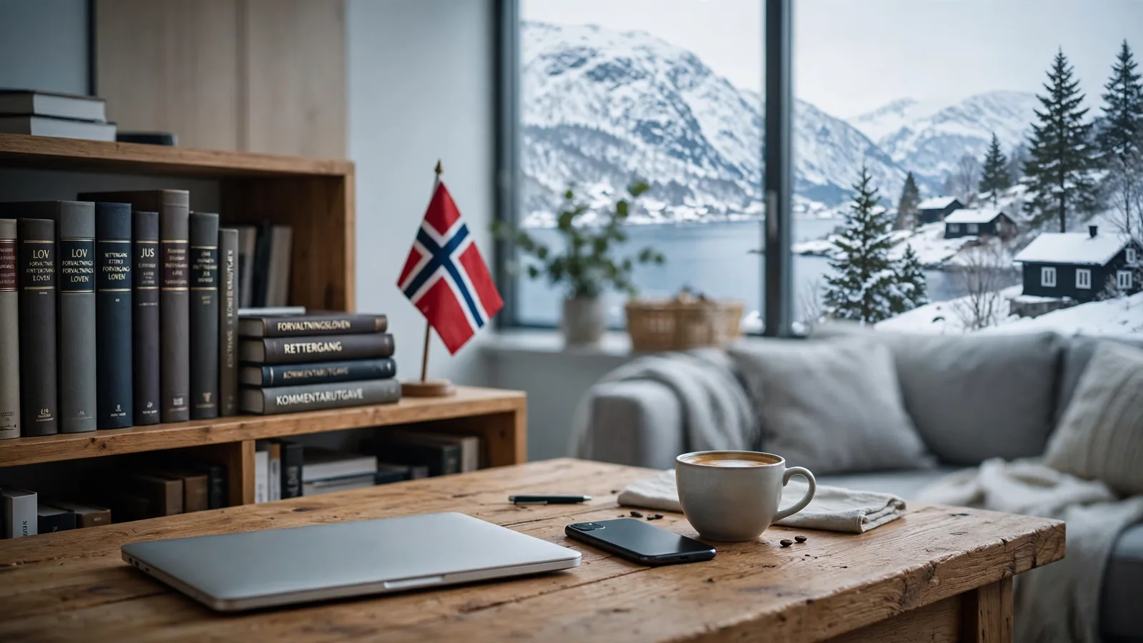 Laptop og telefon på bord i norsk stue med fjordutsikt