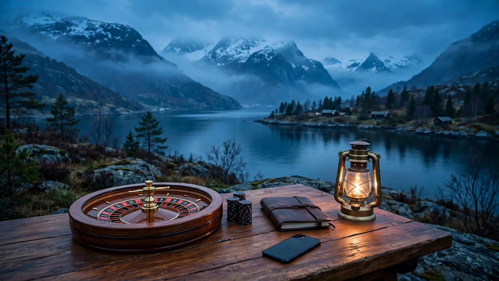 Norsk roulette-bord med fjordutsikt i skumringen
