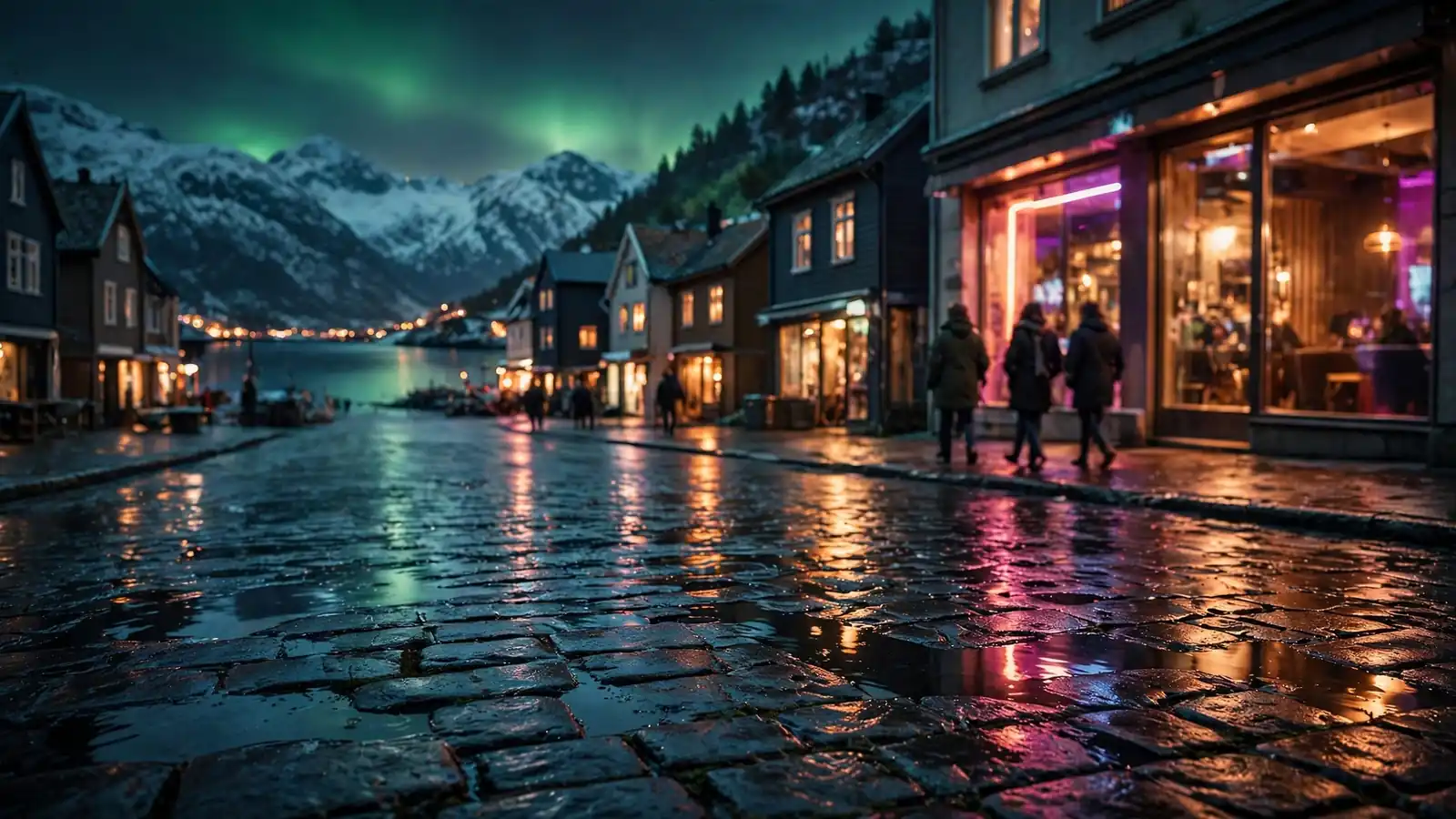 Norsk kystgate om natten med neonlys og nordlys over fjorden